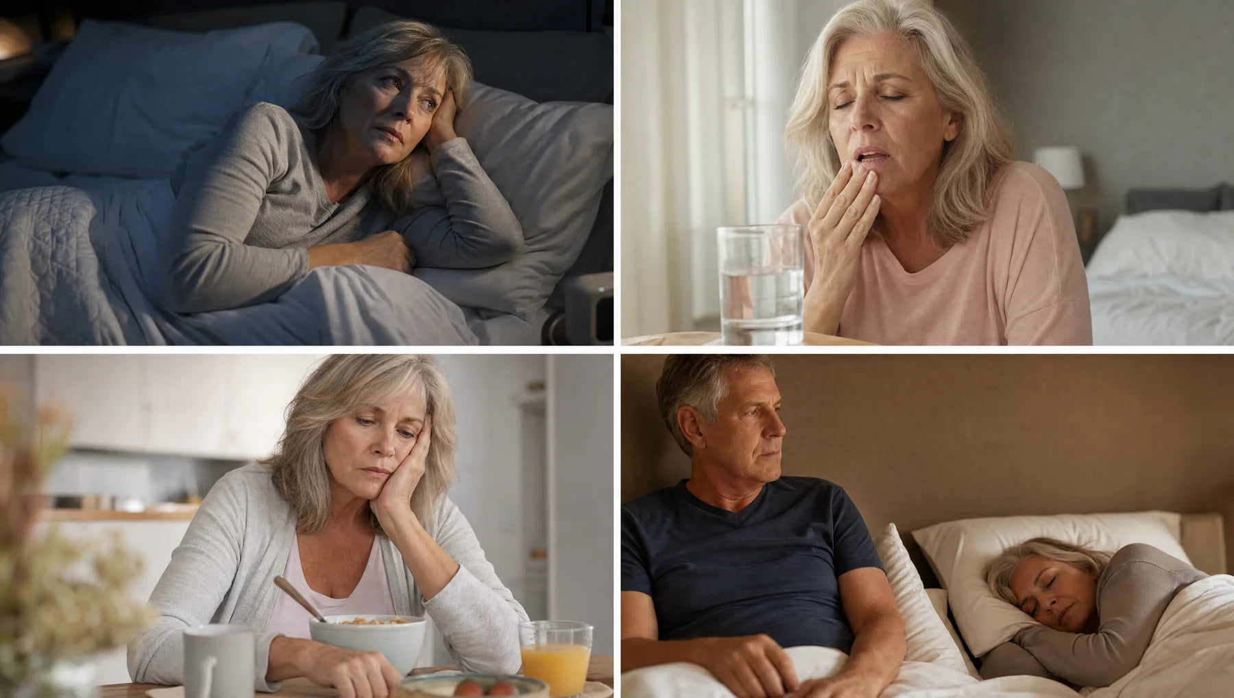 A woman experiencing disrupted sleep caused by nighttime snoring